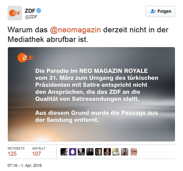 Tweet ZDF Böhmermann 1.4.2015